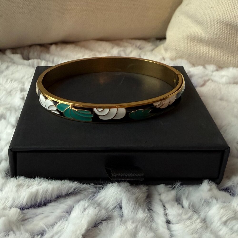NIB Teal & Black Shell Enamel Bangle - 18K Gold Overlay on Stainless Steel